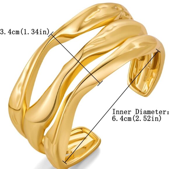 Bold Gold Chunky Cuff Bracelet for Women with Hammered Finish, Adjustable Irregu - Picture 6 of 8
